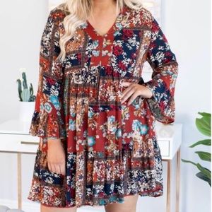 The Rustic Rack patchwork floral Bell Sleeves Tiered Peasant Dress SZ L